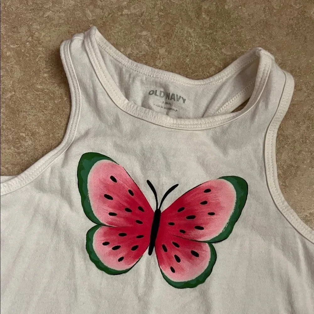 Old Navy White Tank Top with Pink and Green Watermelon Butterfly
